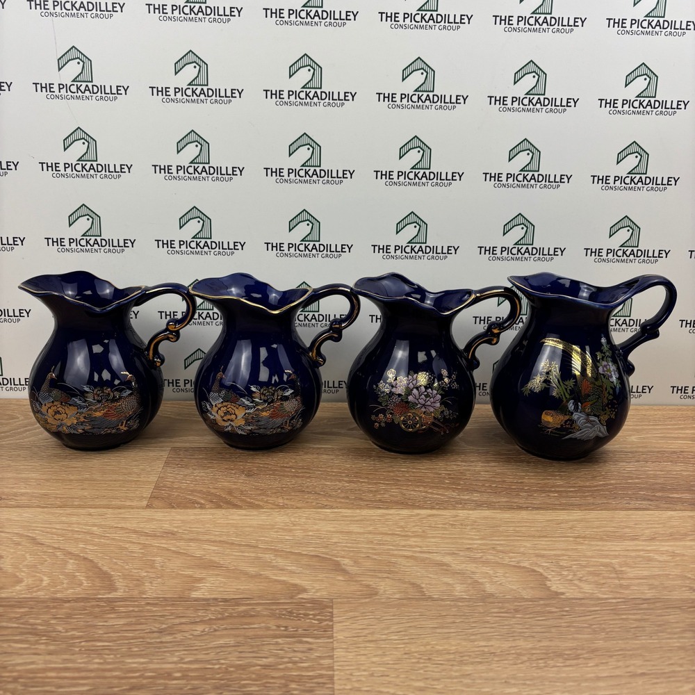 Set of 4 Cobalt Blue Chinoiserie Porcelain Pitchers Peacock Floral Gold Gilt 5in
